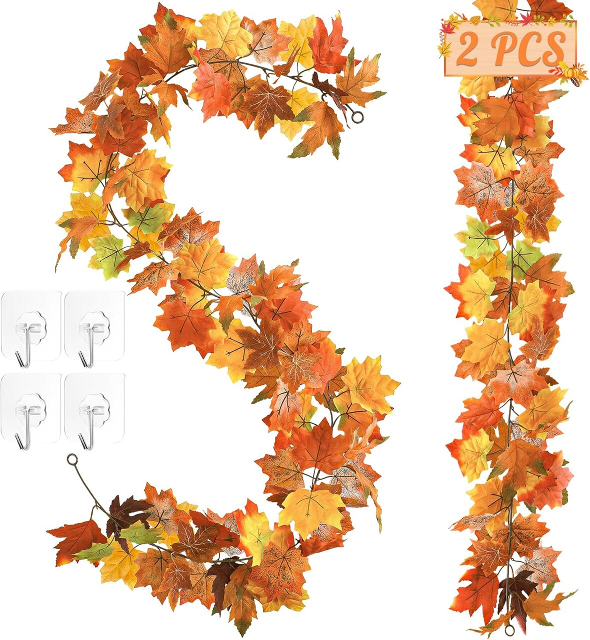 2-Pack 11.8FT Fall Garland – Autumn Decorations for Home, Mantle, Thanksgiving, and Seasonal Indoor & Outdoor Decor (Orange)
